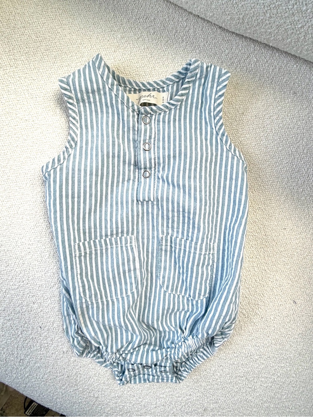 Pehr Seersucker Striped Blue & White Baby Romper, Size 6-12 months